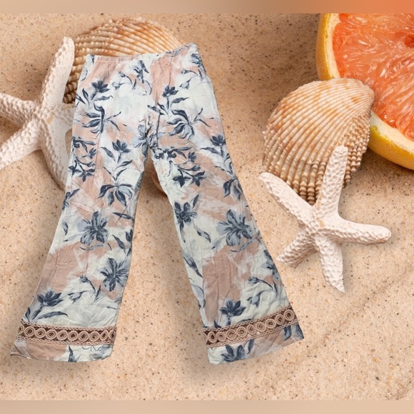 Wide Leg Palazzo Pants Pull On Snake Skin Print Floral M Pockets Elastic Tie - Picture 2 of 16